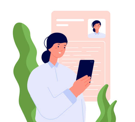 Search work online. Look job, woman publishes cv in internet. Find new business idea. Girl using smartphone searching professional growth vector. Illustration job online, search employee in internetのイラスト素材