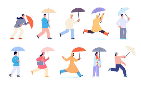 People with umbrella. Autumn rain umbrellas, woman walking rainy day. Person in yellow raincoat, isolated cartoon adults on street utter vector set. Illustration rain umbrella, people in rainy weatherのイラスト素材