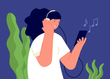 Girl listen music. Person in headphones, cartoon woman listening audiobook or podcast on phone. Teenage with smartphone utter vector character. Illustration woman young listen to musicのイラスト素材