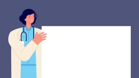 Doctor holding banner. Woman medical character with blank sheet, female hospital ad poster vector concept. Doctor medical with banner illustrationのイラスト素材
