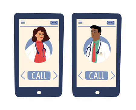 Online doctor app. Doctors avatars on screen. Smartphone with female male medical person, hospital telemedicine vector. App online, hospital doctor, specialist assistance diagnosis illustrationのイラスト素材