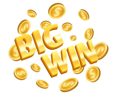 Big win banner. Gold coins, winner lottery isolated label with flying coins. Golden dollar cash, congratulation vector 3d element. Illustration casino and gambling game, lottery winのイラスト素材