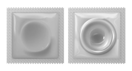 Realistic condom in pack. Latex contraceptive for man penis. Condoms package isolated vector illustration. Condom packaging realistic, design package templateのイラスト素材