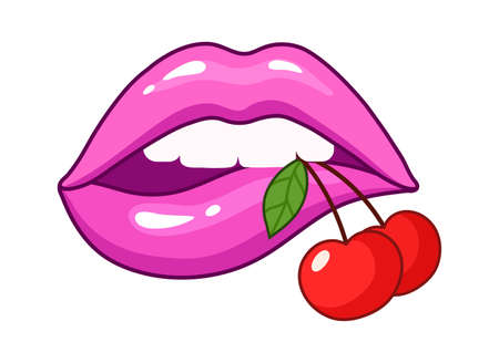 Cartoon lips with red cherry. Sexy female mouth, isolated kiss patch. Pink lip vector sticker for design, decoration or poster. Cherry love print, girl lips illustrationのイラスト素材
