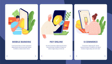 Mobile payments app banners. Phone money transfer, web pay transaction smartphone application. People and cashless bill utter vector template. Illustration finance digital e-commerce shoppingのイラスト素材