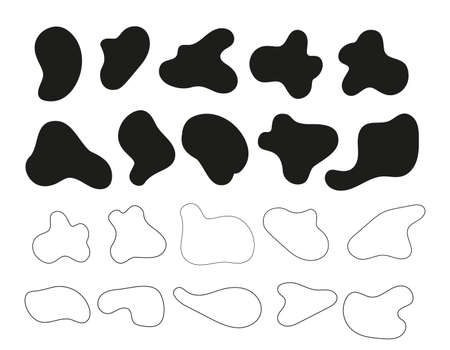 Black liquid shapes set. Silhouette outline abstract shape for decorative design, cards or banners. Isolated vector modern set. Silhouette of liquid, black irregular form illustrationのイラスト素材