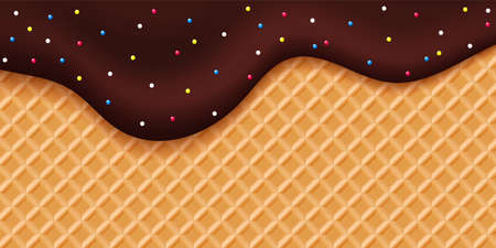 Choco glaze waffle. Sweet dripping choco liquid with colorful bonbons. Dessert vector background. Cake waffle with cream melt liquid illustrationのイラスト素材