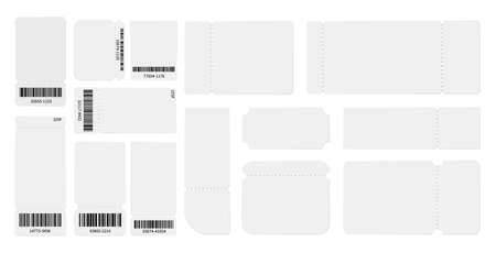 White blank tickets template. Realistic ticket mockup, isolated theater show travel pass coupons or gift vouchers vector set. Blank ticket white mockup, template coupon empty illustrationのイラスト素材