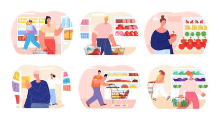 People in grocery store. Shopper buy bread, food products choice on market. Flat fresh fruits in supermarket, customer near shelves utter vector scenes. Illustration supermarket store and marketのイラスト素材