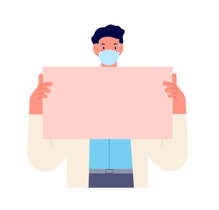 Doctor holding banner. Nurse caring medical blank poster, healthcare communication. Hospital report, medic with placard utter vector concept. Illustration medical health care, hospital doctorのイラスト素材