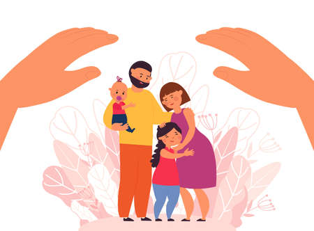 Family protection. Protect people, parents with children. Financial or healthcare support metaphor. Dad mom kids stand under giant hands decent vector scene. Illustration family protection and careのイラスト素材