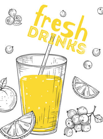 Fresh fruit juice. Sketch drink glass, lemon slices and berries. Vegan bar, vitamin smoothie vector card. Illustration juice fresh lemonade sketchのイラスト素材