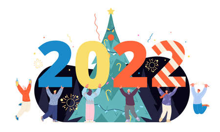 People 2022 concept. Greeting card, business team with new year numbers. Friends congrats, holiday...