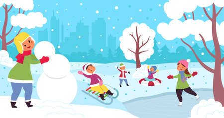 Cartoon winter kids. Child illustration, kid snowy christmas vacations. Fun children group playing snowball and skating decent vector scene. Christmas winter scene in snowy park illustrationのイラスト素材