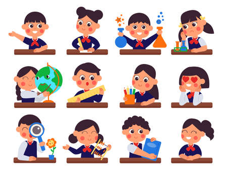 Students sitting at desks. Student study, kids writing or prepare to school. Cute cartoon preschool children, boy girl learning decent vector set. Illustration students sitting at deskのイラスト素材