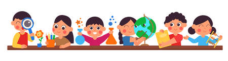 Young preschool kids. Children hold different objects, cute cartoon kid sitting at desk. Kindergarten education or game process decent vector scene. Illustration girl young and preschool educationのイラスト素材
