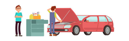 Car repair. Man in auto service with vehicle. Mechanic in uniform looking into transport body vector concept. Auto mechanic repair car, service garage illustrationのイラスト素材