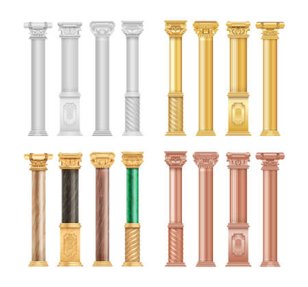 Gold white bronze columns. Realistic malachite stone and golden antique roman column. Isolated architecture vector elements. Illustration column gold and white, classical architectureのイラスト素材