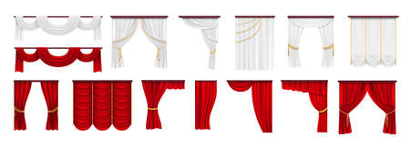Curtains set. Red curtain, textile theater drape. Hanging fabric golden ropes, show cinema, anniversary entertainment advertising vector. Presentation realistic drapery, velvet curtain illustrationのイラスト素材