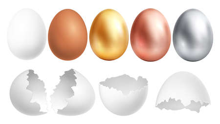 Realistic eggs. White egg and broken shell, golden silver bronze easter hunting elements. Farm product vector set. Illustration egg yellow golden and silver, bronzeのイラスト素材