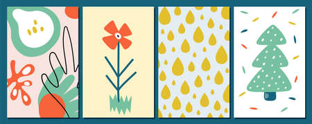 Abstract contemporary cards. Four seasons symbols, flower rain drops and christmas tree with...