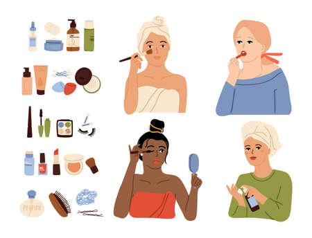 Female care. Makeup process, skin cares cosmetics and procedure. Cosmetology, beauty salon. Isolated girls after bath doing make up vector set. Illustration beauty and care, cosmetology cosmeticのイラスト素材