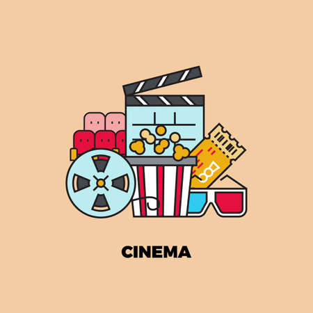 Online cinema. Web movie service concept, internet channel. Line popcorn, 3d glasses, red theater seats icons, vector entertainment symbols image. Movie and cinema concept, entertainment serviceのイラスト素材
