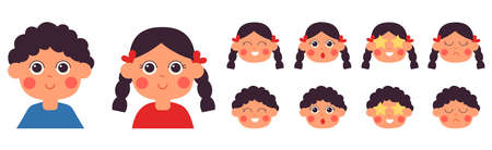 Cartoon kids emotional faces. Kid emotion, kawaii smile girl boy. Little kid character face constructor, expressions children vector set. Cartoon face surprised feeling, happy character illustrationのイラスト素材