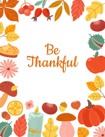Harvest season. Autumn leaves, berries and sweets. Thanksgiving day postcard with colorful frame vector template. Illustration of autumn thanksgiving harvest bannerのイラスト素材