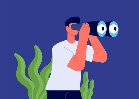 Man looking in binocular. Watch perspectives, finding resources or loor for love or dream vector concept. Illustration of businessman with binoculars, business vision successのイラスト素材