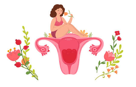 To be a woman. Menstruation period, cartoon female sitting with flowers on uterus. Love yourself, girl health vector concept. Woman menstruation period, health girl illustrationのイラスト素材