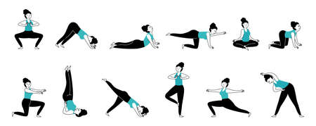 Yoga female characters. Muscle stretching, girl athlete workout. Energy activation, different pilates exercises poses. Sport decent vector set. Female yoga exercise, stretch and workout illustrationのイラスト素材