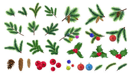 Realistic fir branches. Pine branch, christmas tree decorations. Isolated cones, red berry, festive balls. Green natural holidays composition, new year decorative vector. Illustration fir pineのイラスト素材