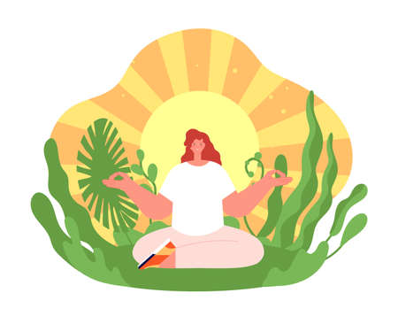 Wellness therapy. Harmonious yoga girl, health balance or meditation on sun background. Treatment on nature, soul mind relax utter vector concept. Illustration of harmony and care, esoteric spiritualのイラスト素材