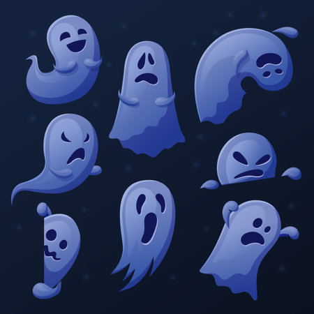 Cartoon cute ghost. Funny ghosts collection, spooked halloween symbols. Spooky, funny emotional spirit. Holiday friendly vector elements. Illustration of ghost halloween, scary and funnyのイラスト素材