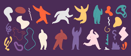Doodle shapes and silhouettes. Abstract art shape, scribble human. Colorful artistic decorations, hand drawn creative utter vector elements. Illustration blob silhouette, shape graffiti stylishのイラスト素材