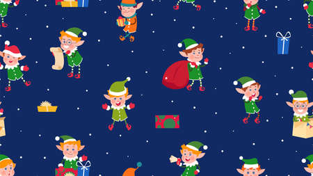 Santa elves print. Christmas elf, cute cartoon holiday kids with gift and snowball. New year and xmas characters, childish vector seamless pattern. Illustration of christmas elf, happy celebrationのイラスト素材