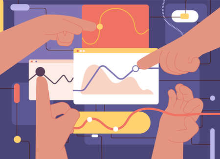 Abstract business digital marketing. Hands manage financial charts, stock indicators processing....