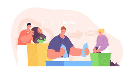 People sorting garbage. Environment, cleaning trash. Collect waste in container for recycle....