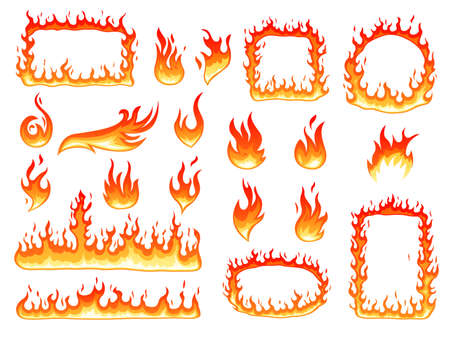 Colorful fire flame. Effect flames, glowing fire symbols. Burning cartoon round frame, hot red bonfire. Heating graphic shapes recent vector set. Illustration of fire and burn flameのイラスト素材