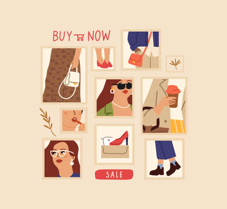 Fashion collage. Sale poster, shopping online store. Buy it now, fashionable girl photo frames. Female shoes, sunglasses bags, vector discount illustration. Clothing discount retail, boutique cardのイラスト素材