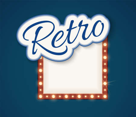 Retro lights banner. Shine cinema show or circus element. Neon lamp bulbs frame with empty place for text vector sign. Illustration of billboard and signboard bannerのイラスト素材