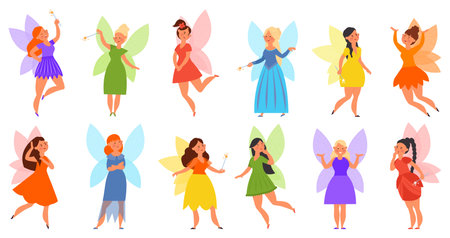 Little fairy collection. Kids fairies in dress, funny magical girls with wings. Cartoon tales characters, cute fantasy decent vector female set. Illustration of fairy character, magic adorable girlsのイラスト素材