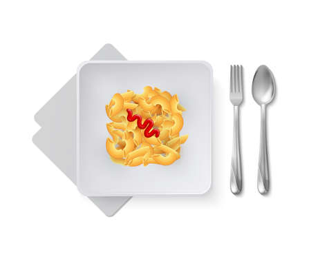 Realistic pasta on white plate. Italian restaurant dish with metallic cutlery. Isolated cafe menu vector element. Illustration of realistic plate with pastaのイラスト素材
