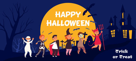 Happy halloween kids. Kid in costume at night, trick or treat party. Children group banner, cute creepy funny friends decent vector poster. Illustration of halloween party, holiday greeting kidのイラスト素材