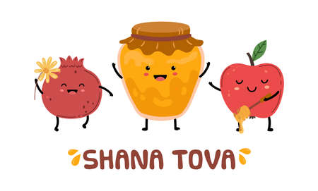 Rosh hashanah, Jewish New Year festival. Happy shana tova, holiday symbols honey, apple and pomegranate vector banner. Illustration of hashana jewish festive posterのイラスト素材