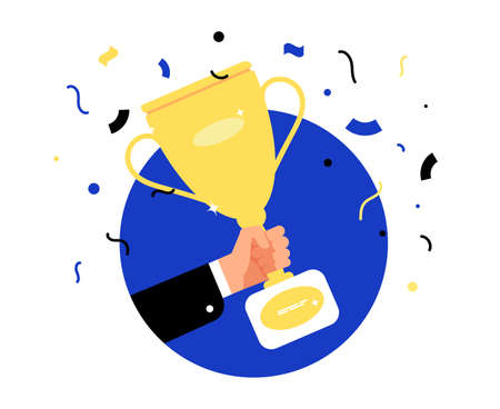 Winning gold cup. Businessman hold prize, award emblem. Win or victory, abstract hand with trophy vector label. Illustration of best prize award, trophy and rewardのイラスト素材