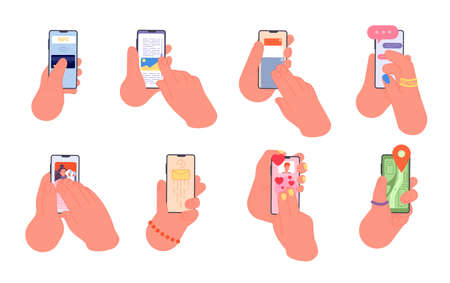 Hand hold smartphone. Different phone apps, people using mobile application. Contactless pay, social media and online dating utter vector set. Screen phone mobile in hand illustrationのイラスト素材