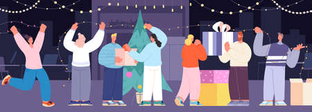 Christmas prepare. Office people decorate xmas tree, friends on new year party together. Happy women men with gifts, holidays vector scene. Illustration of office christmas holiday, characters peopleのイラスト素材