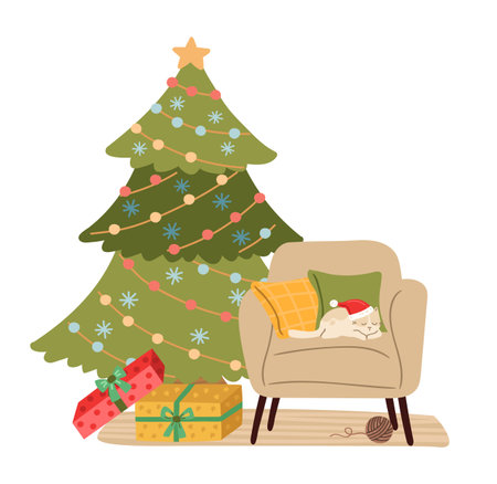 Cat sleep in chair. Christmas kitty in santa hat, xmas tree and gift boxes. Cozy scandinavian winter holiday vector scene. Illustration of christmas tree and holiday roomのイラスト素材